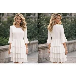 Paniz White Tiered Ruffle Midi Dress  Long Sleeve Cocktail/Party Modest sz M